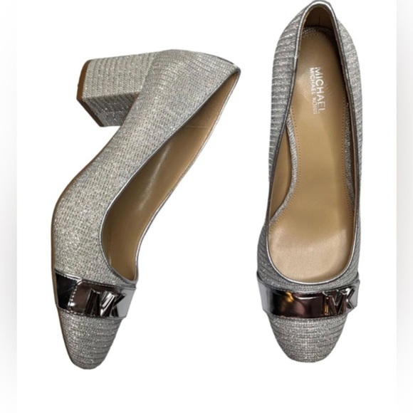 MICHAEL Michael Kors Shoes - MICHAEL MICHAEL KORS Jilly silver metallic shimmer MK logo buckle Pumps  size 10
